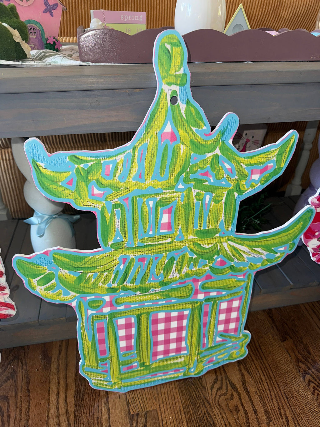 LARGE Designer Green/Pink Gingham Style Pagoda Door Hanger