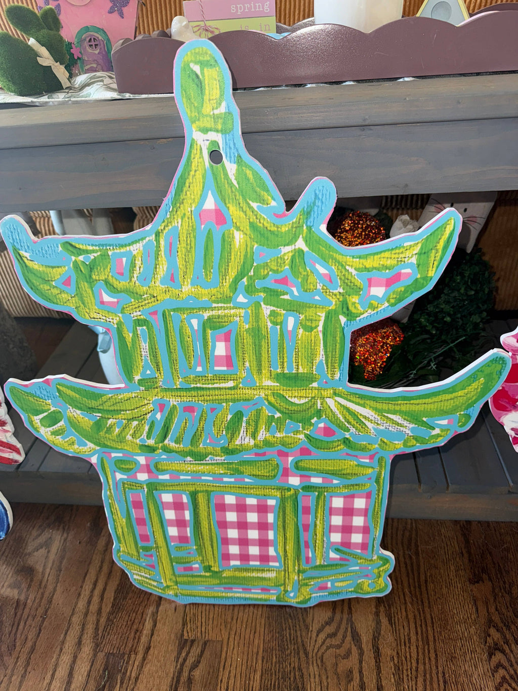LARGE Designer Green/Pink Gingham Style Pagoda Door Hanger